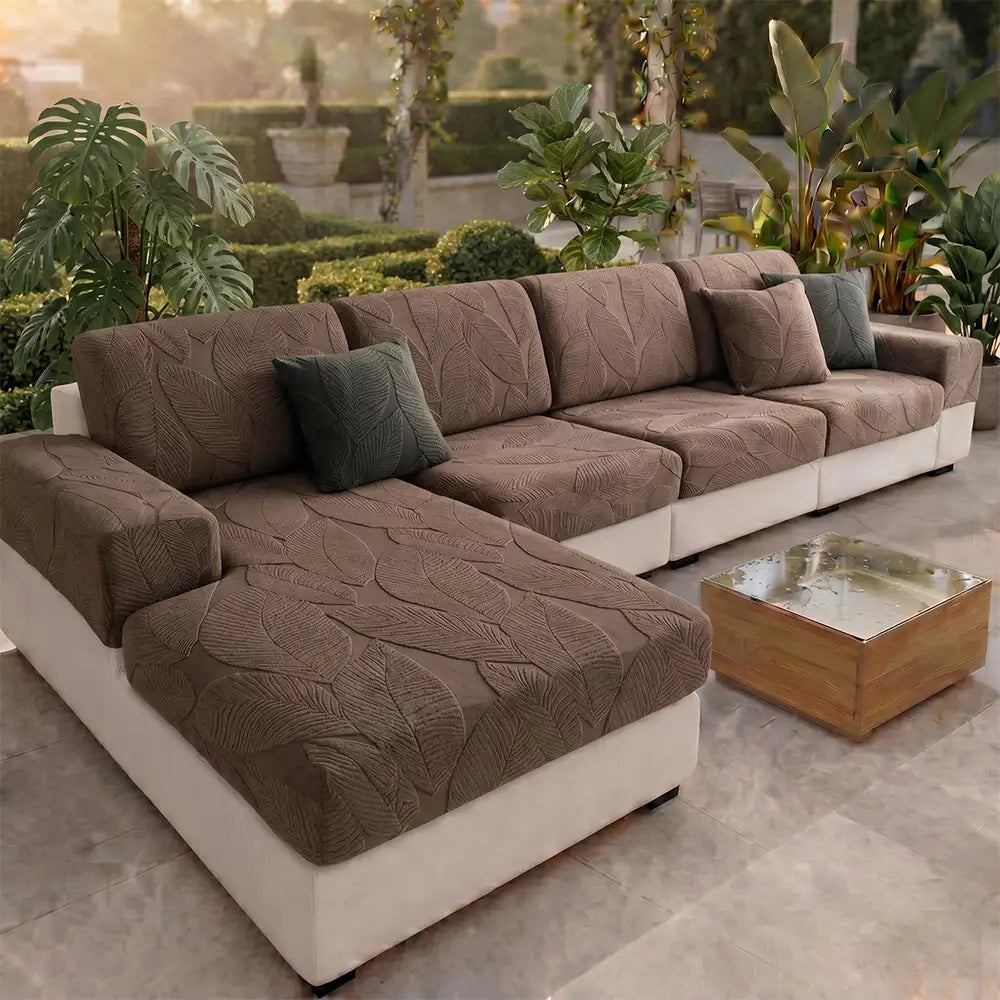Moderner Blatt-Jacquard Wasserabweisender Kratzfester Stretch-Vollbezug für Outdoor-Sofas
