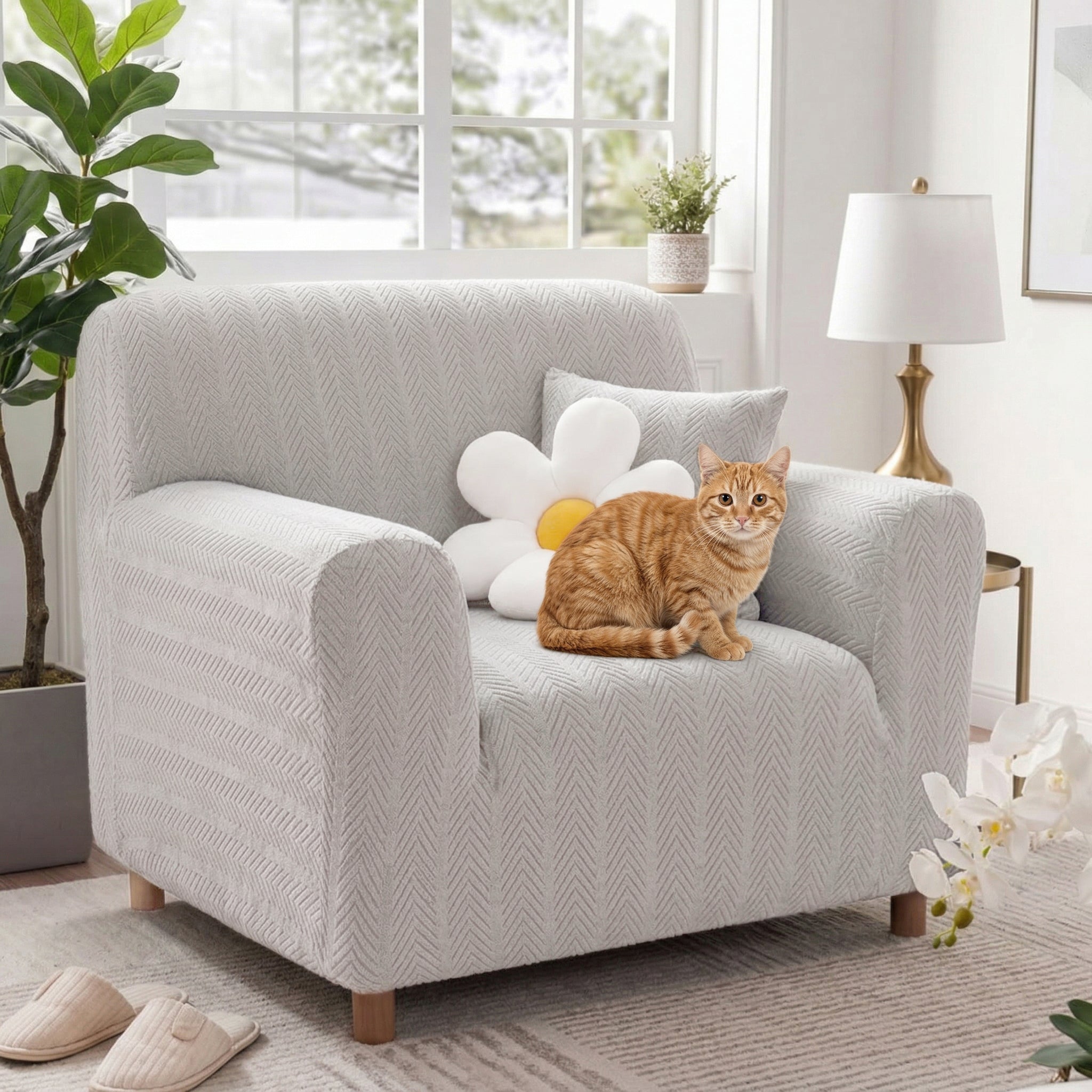 Elegant Herringbone Cream Aesthetic Stretch Magic Armchair Cover