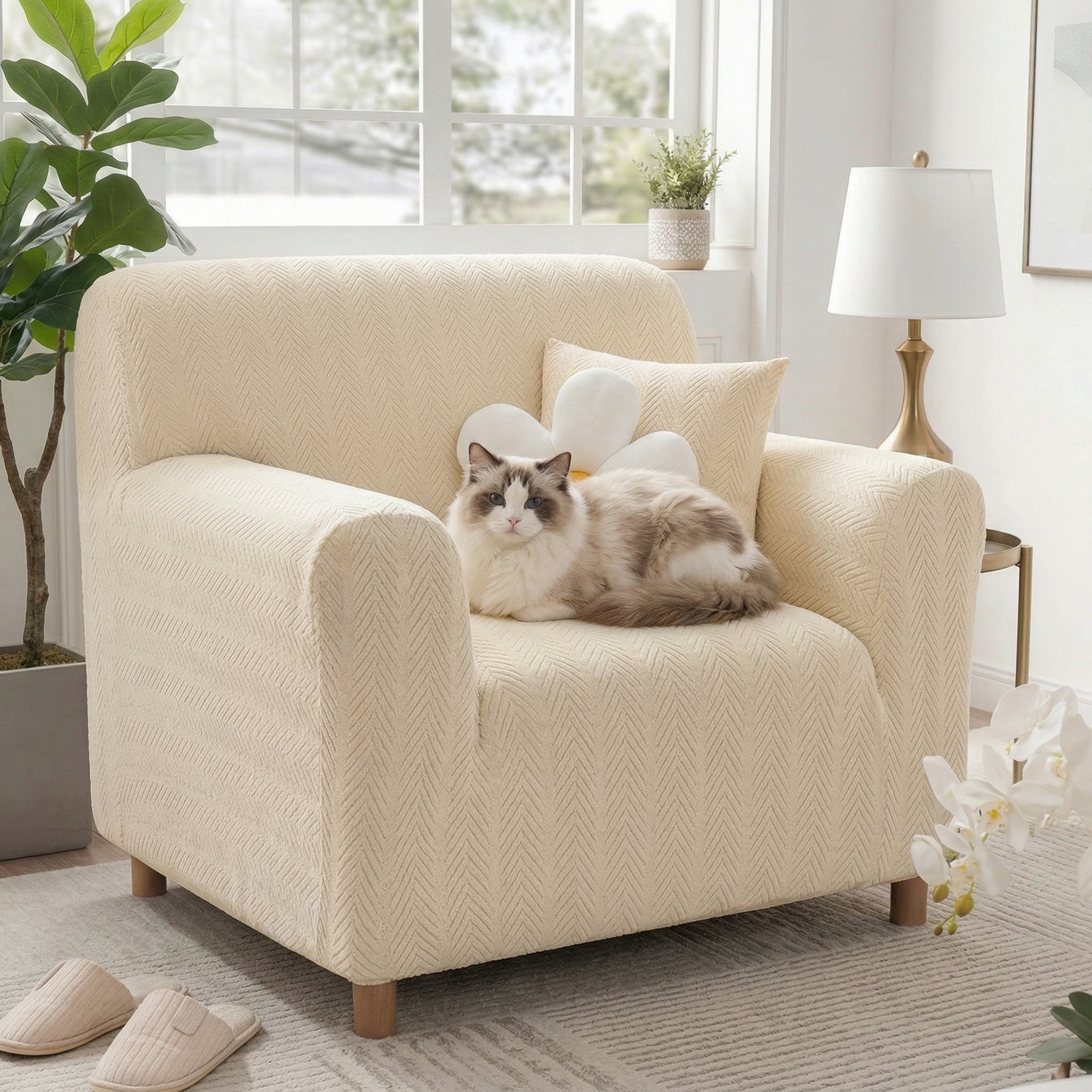 Elegant Herringbone Cream Aesthetic Stretch Magic Armchair Cover