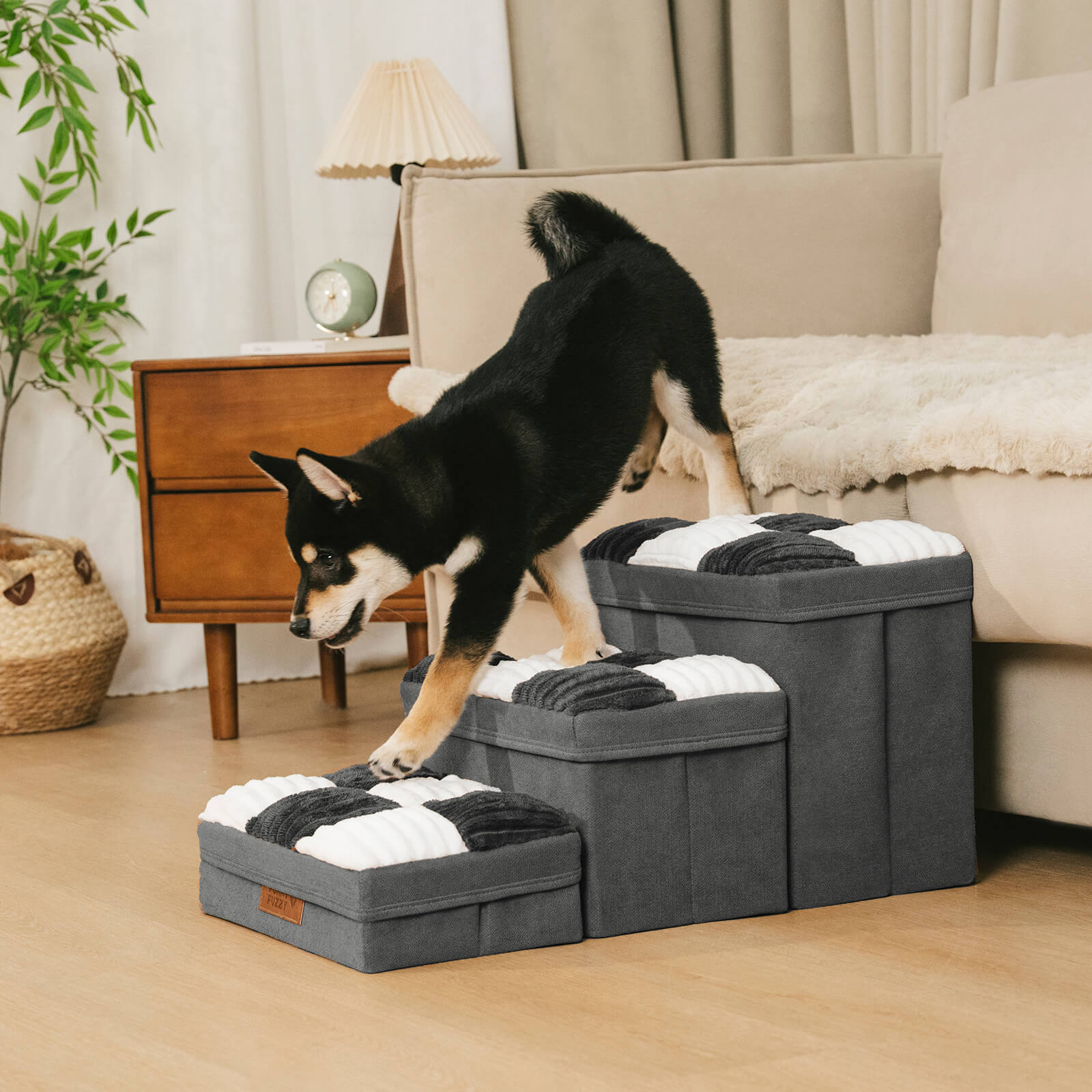 Detachable Chessboard Plaid Handcrafted Dog Stairs with Storage - Foldable Steps