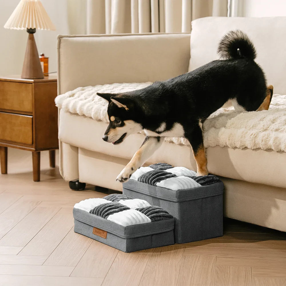 Detachable Chessboard Plaid Handcrafted Dog Stairs with Storage - Foldable Steps