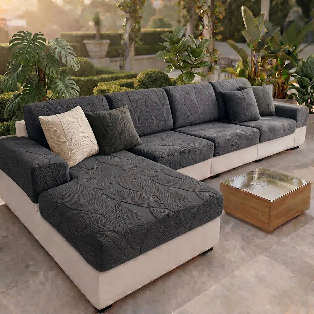 Moderner Blatt-Jacquard Wasserabweisender Kratzfester Stretch-Vollbezug für Outdoor-Sofas