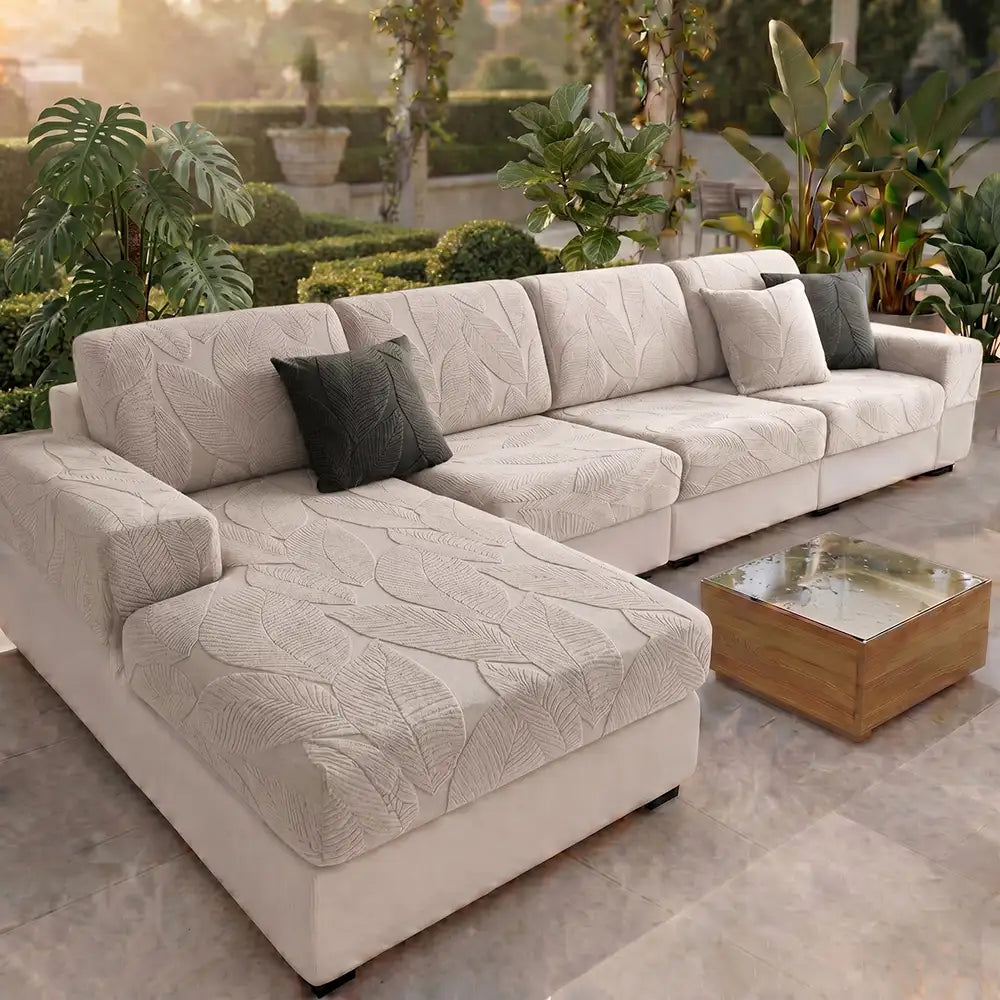 Moderner Blatt-Jacquard Wasserabweisender Kratzfester Stretch-Vollbezug für Outdoor-Sofas