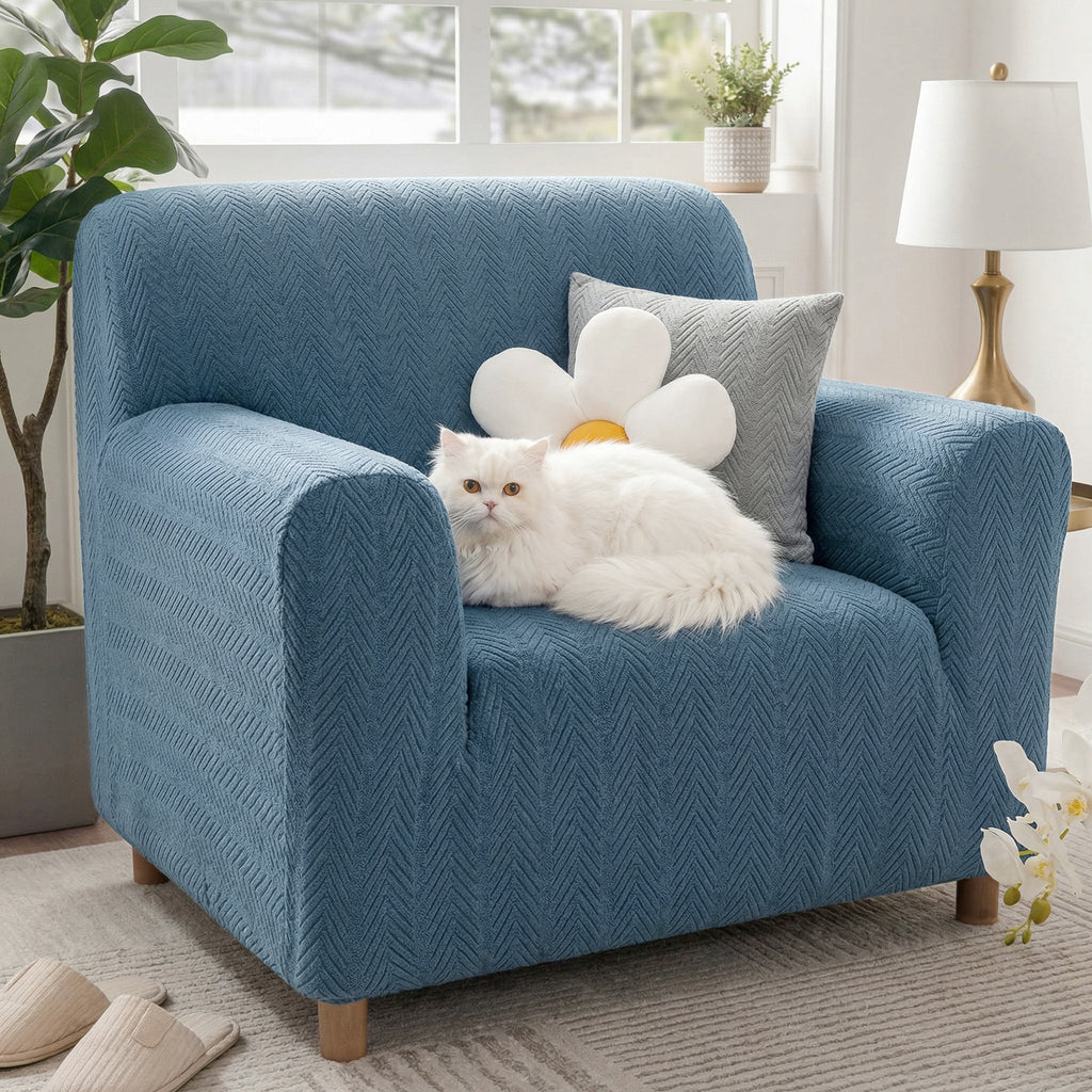 Elegant Herringbone Cream Aesthetic Stretch Magic Armchair Cover