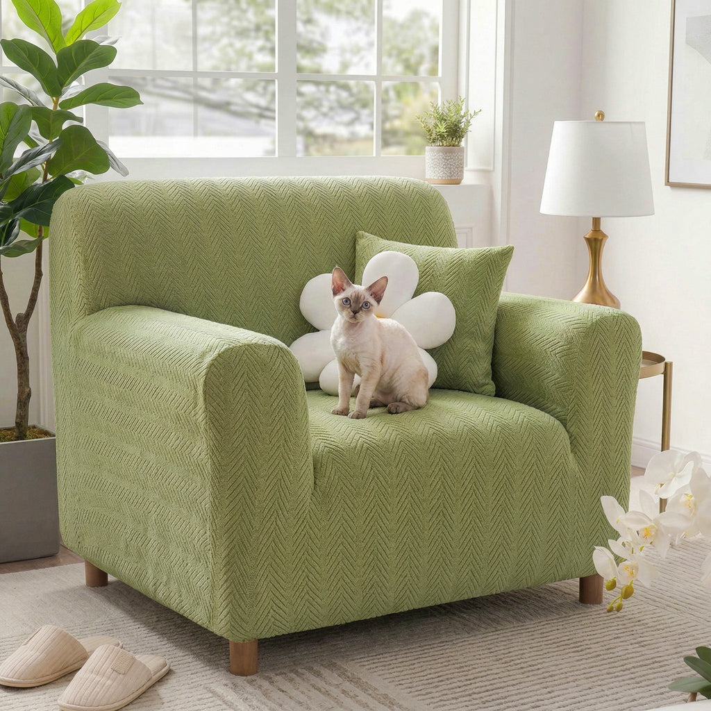 Elegant Herringbone Cream Aesthetic Stretch Magic Armchair Cover