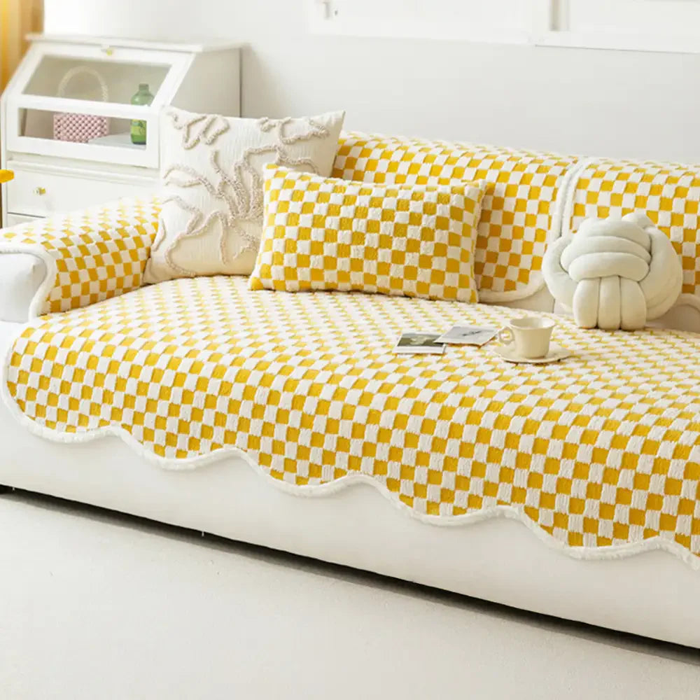 Classic Checkerboard Plush Comfortable Scratch-Resistant Non-Slip Couch Cover