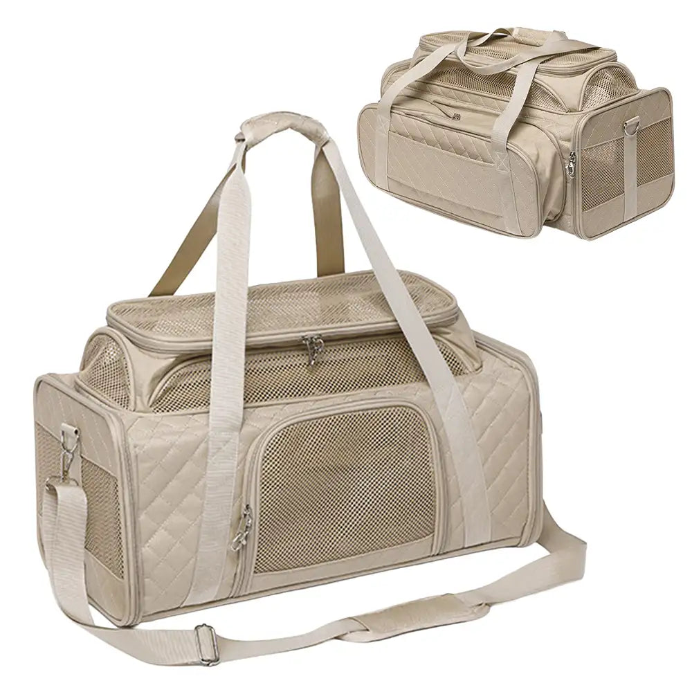 Classic Diamond Pattern Portable Cat Carrier Large-Capacity Expandable Pet Carrier Bag