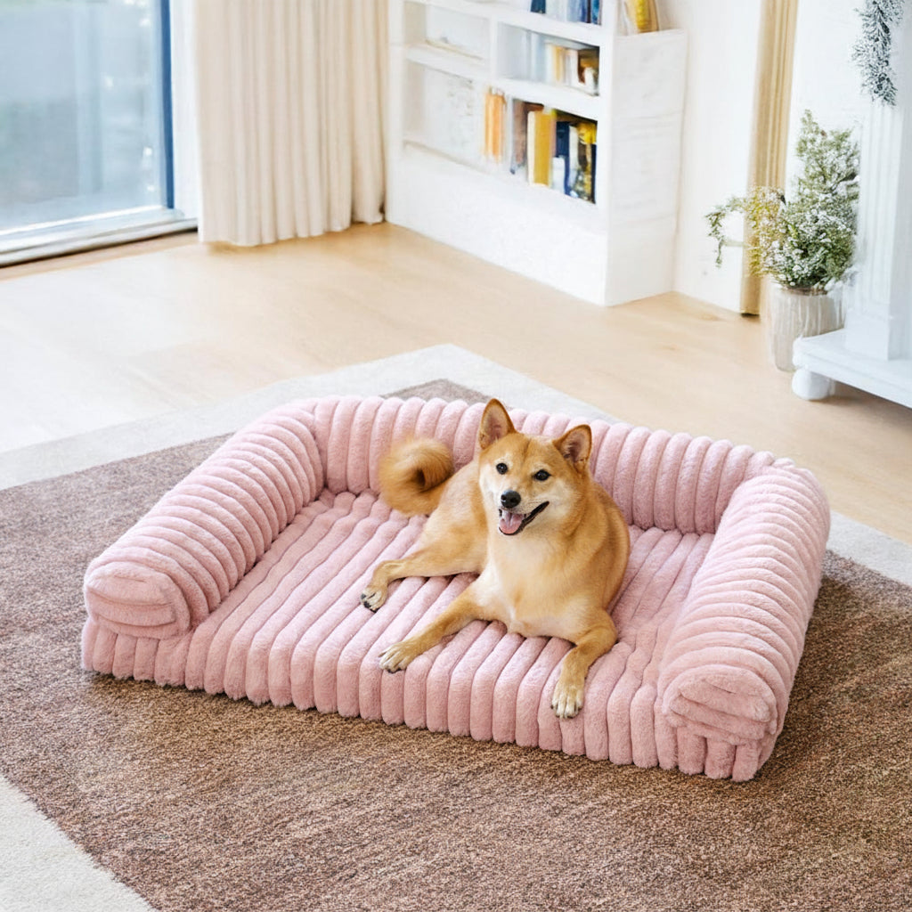 Cremefarbenes flauschiges, komfortables orthopädisches Hunde- und Katzensofabett