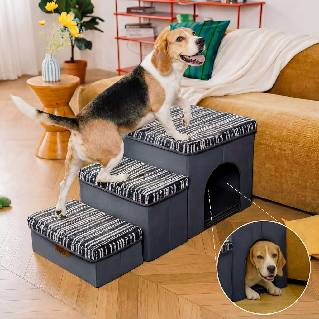 SnugNest Strukturierte Streifen-Hundetreppe mit Stauraum