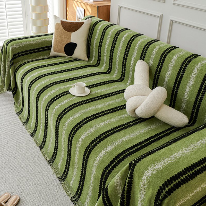 Decorative Stripe Tassel Chenille Throw Couch Cover
