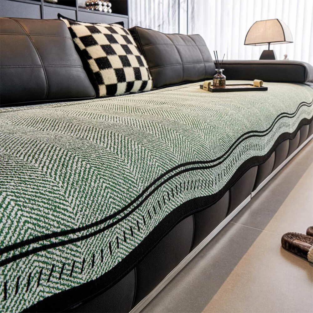 Non-Slip Herringbone Chenille Couch Cover with Wavy Edges