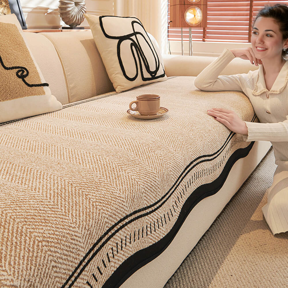 Non-Slip Herringbone Chenille Couch Cover with Wavy Edges