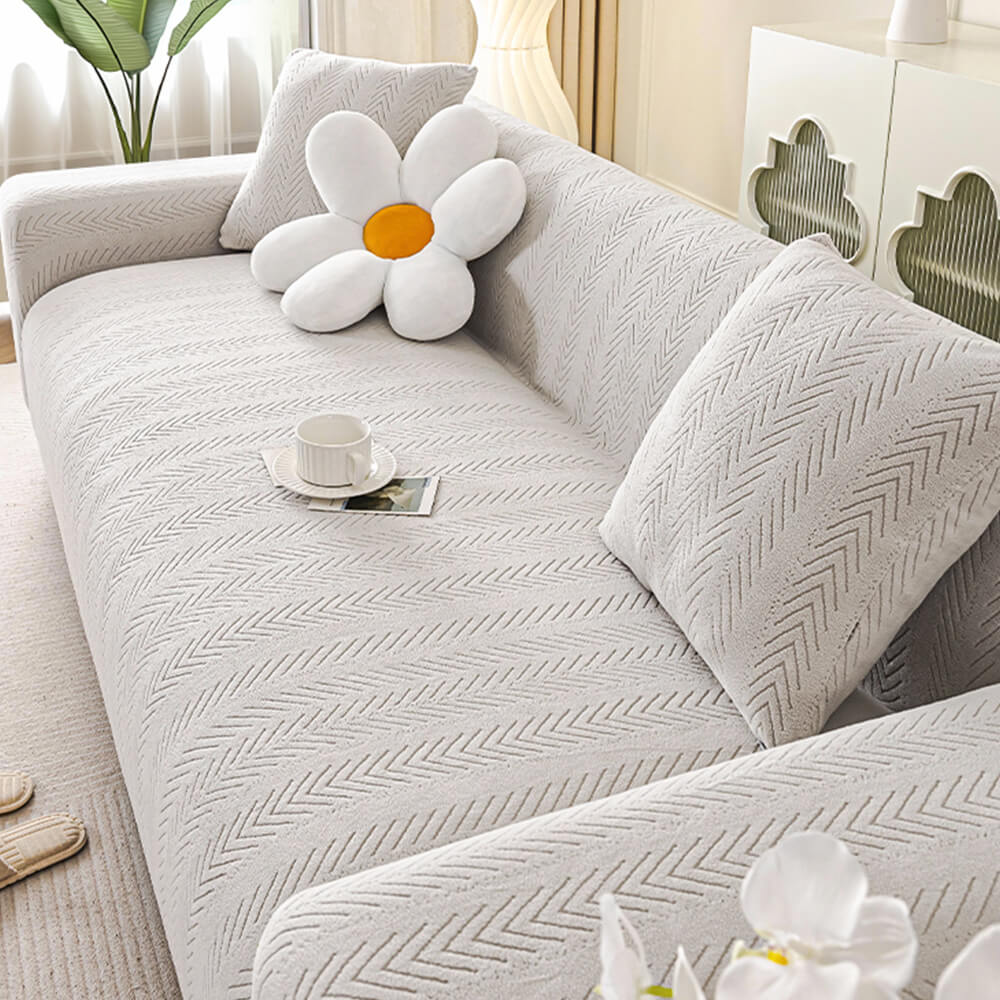 Elegant Herringbone Cream Aesthetic Stretch Magic Armchair Cover