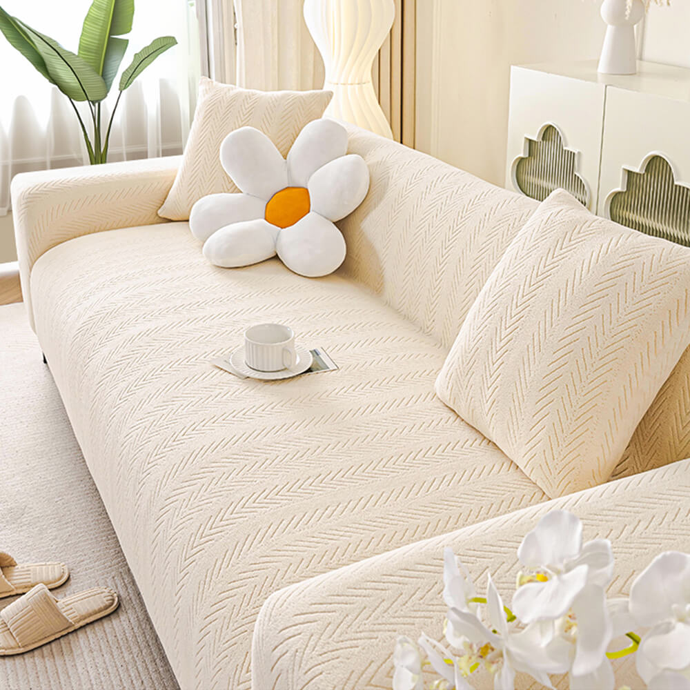 Elegant Herringbone Cream Aesthetic Stretch Magic Armchair Cover