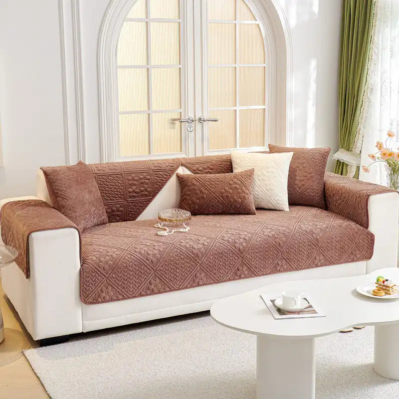 Embossed Geometric Pattern Soft Plush Quilted Non-Slip Couch Cover