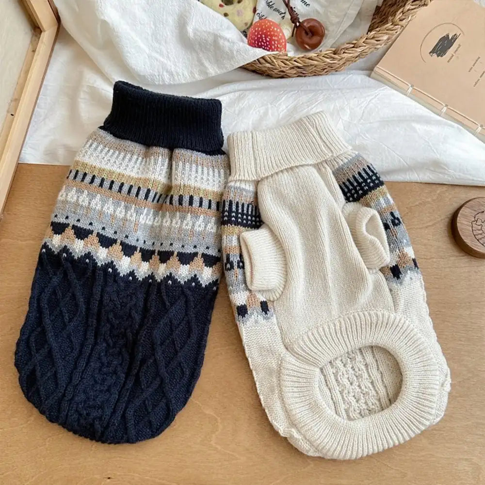 Fair Isle Pattern Knitted Linen Dog Sweater with Classic Collar