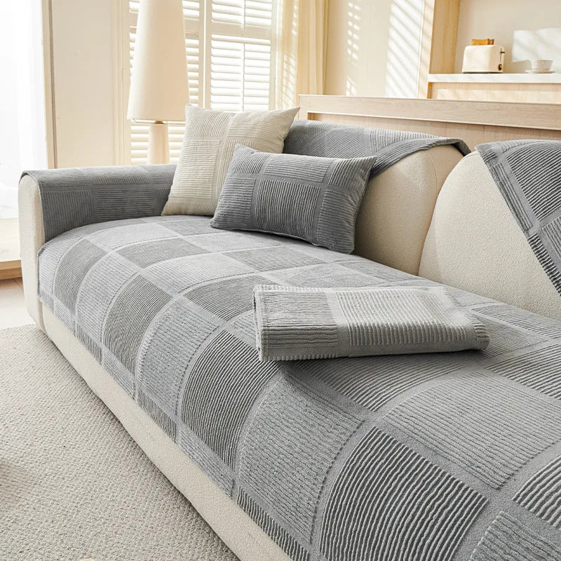 Plush Cream Geometric All Seasons Non-Slip Couch Cover