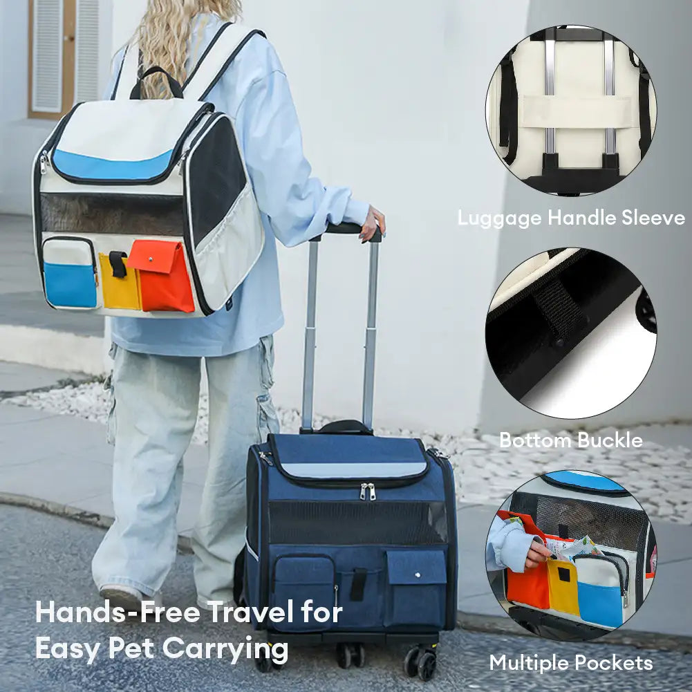 Portable Rolling Pet Backpack Carrier with Detachable Trolley Dog Cat Carrier