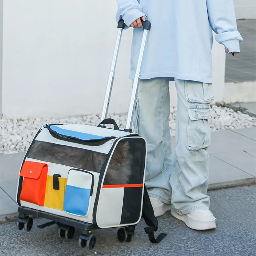 Portable Rolling Pet Backpack Carrier with Detachable Trolley Dog Cat Carrier