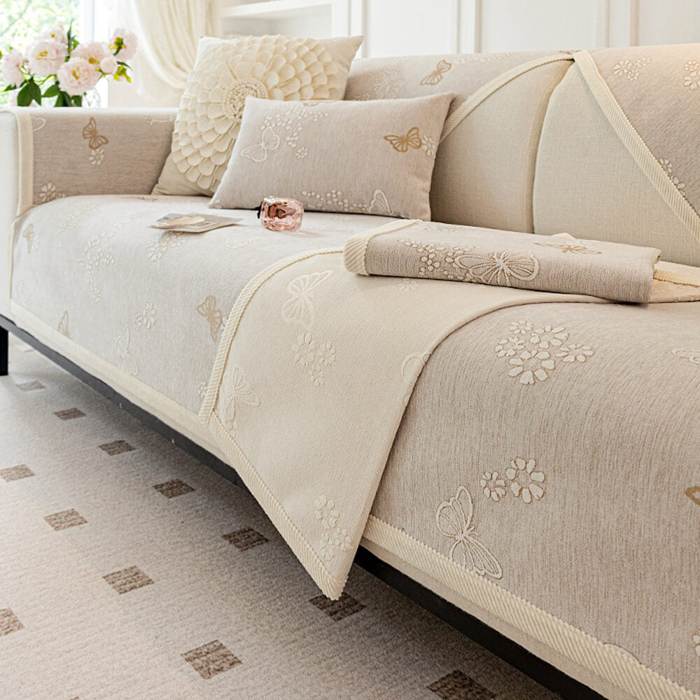 Chenille Anti-Slip Butterfly Pattern Morandi Color Couch Cover