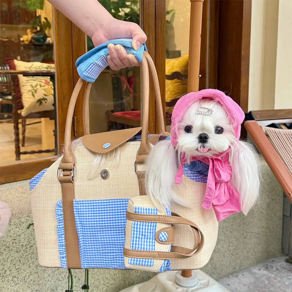 Portable Faux Woven Water-Repellent Dog Cat Carrier Pet Carrier Bag with Poop Bag Dispenser