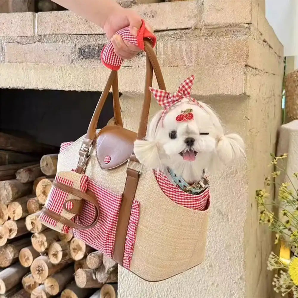 Portable Faux Woven Water-Repellent Dog Cat Carrier Pet Carrier Bag with Poop Bag Dispenser
