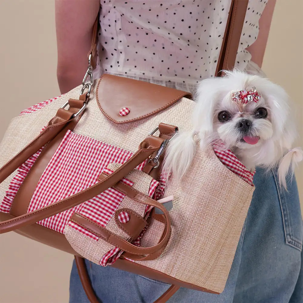 Portable Faux Woven Water-Repellent Dog Cat Carrier Pet Carrier Bag with Poop Bag Dispenser