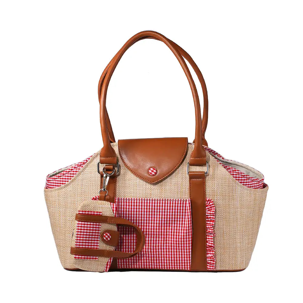 Portable Faux Woven Water-Repellent Dog Cat Carrier Pet Carrier Bag with Poop Bag Dispenser