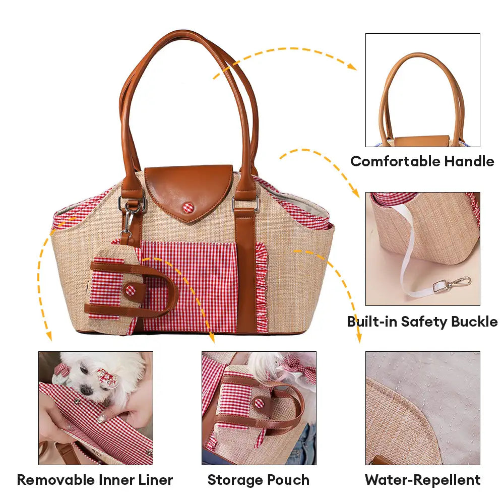 Portable Faux Woven Water-Repellent Dog Cat Carrier Pet Carrier Bag with Poop Bag Dispenser