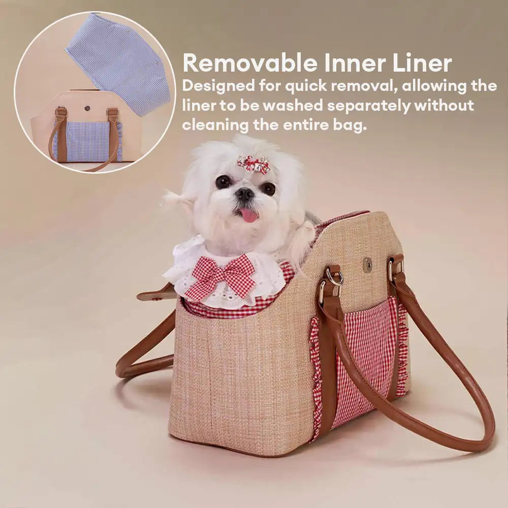 Portable Faux Woven Water-Repellent Dog Cat Carrier Pet Carrier Bag with Poop Bag Dispenser