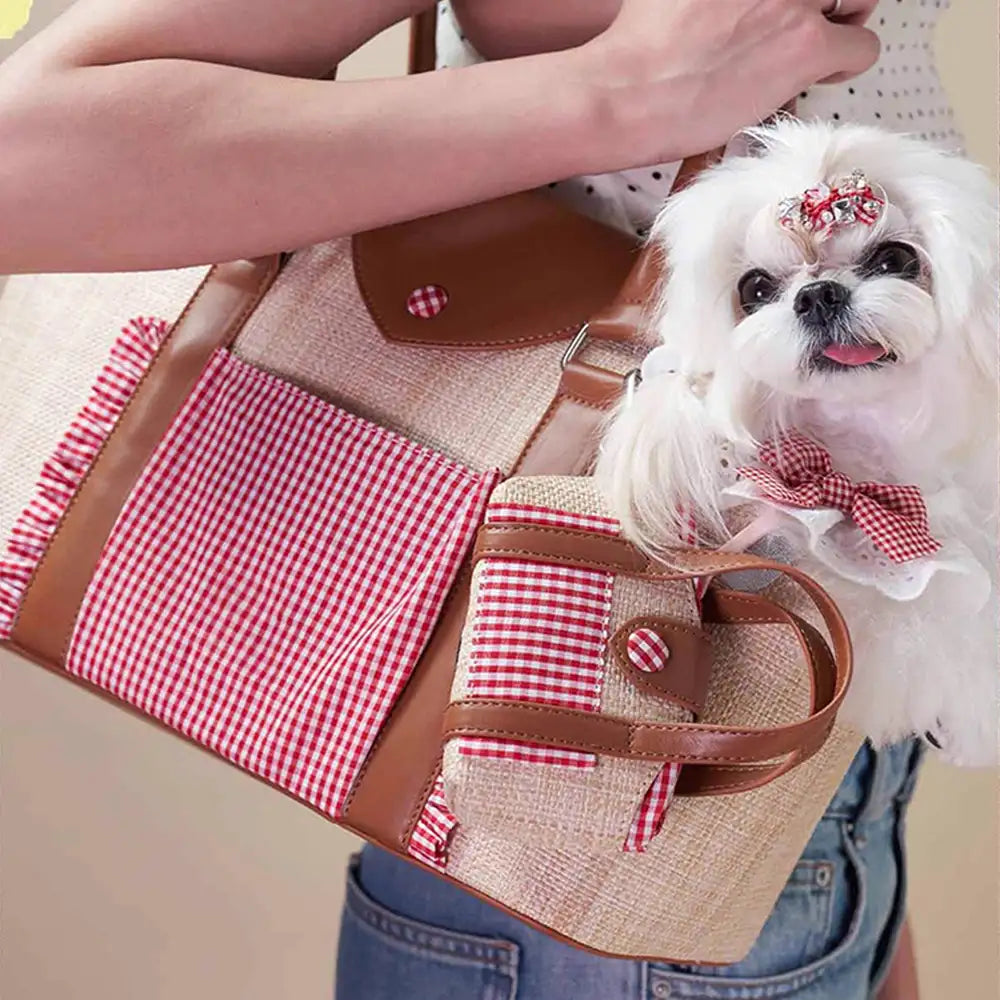 Portable Faux Woven Water-Repellent Dog Cat Carrier Pet Carrier Bag with Poop Bag Dispenser