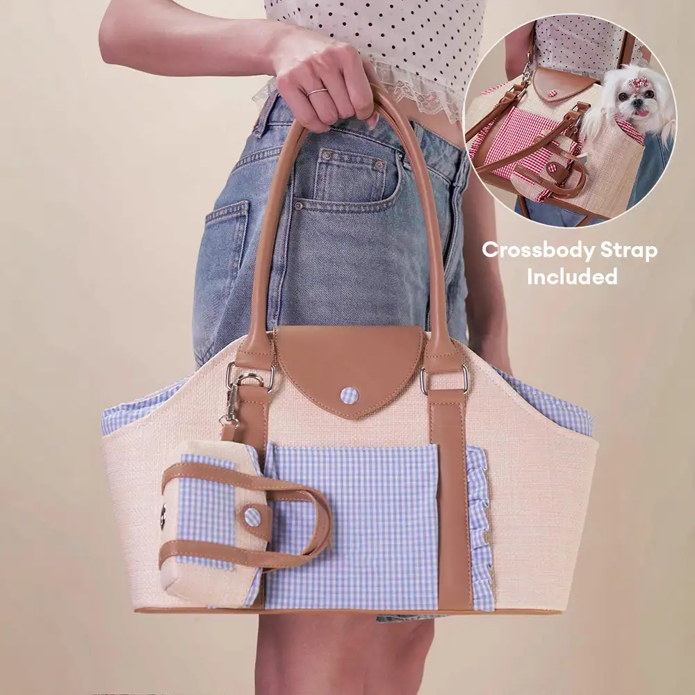 Portable Faux Woven Water-Repellent Dog Cat Carrier Pet Carrier Bag with Poop Bag Dispenser