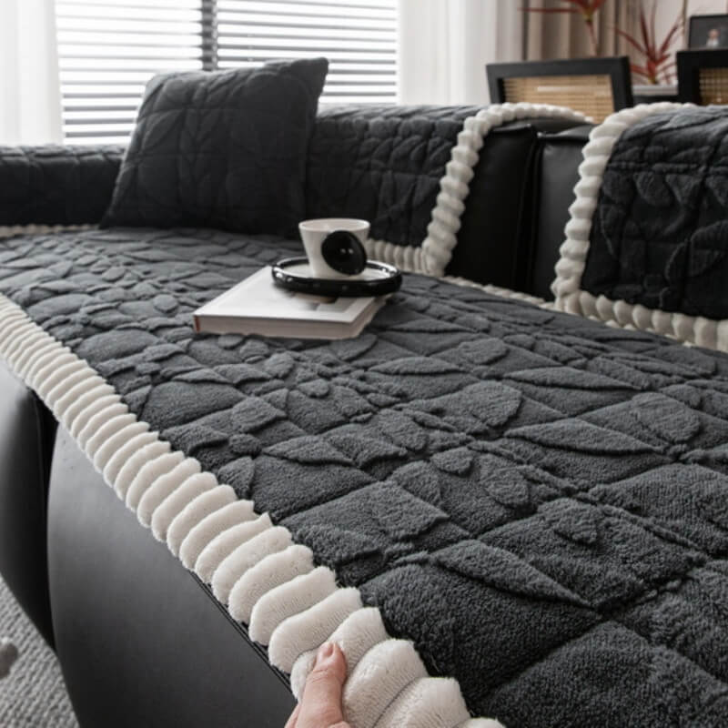 Thickened Short Plush Leaf Pattern Scratch Resistant Non-Slip Couch Cover
