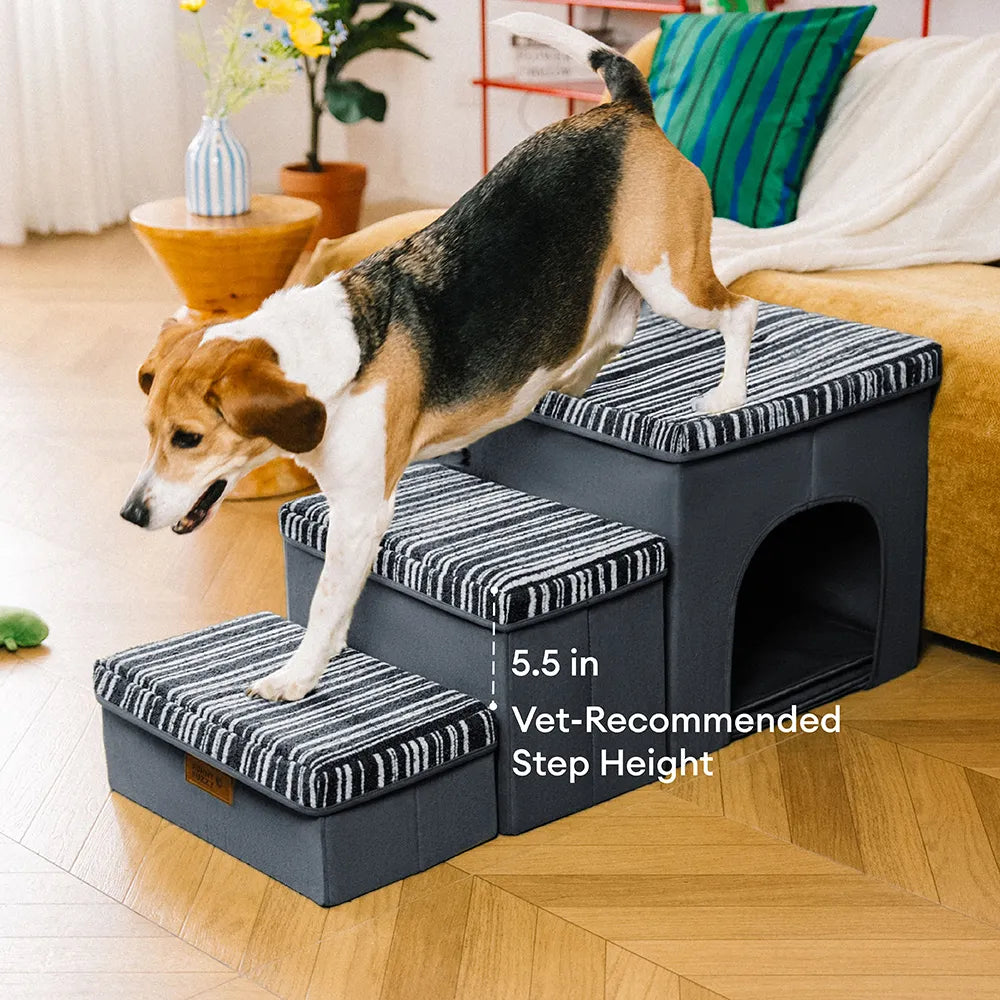 SnugNest Textured Stripe Dog Stairs with Storage