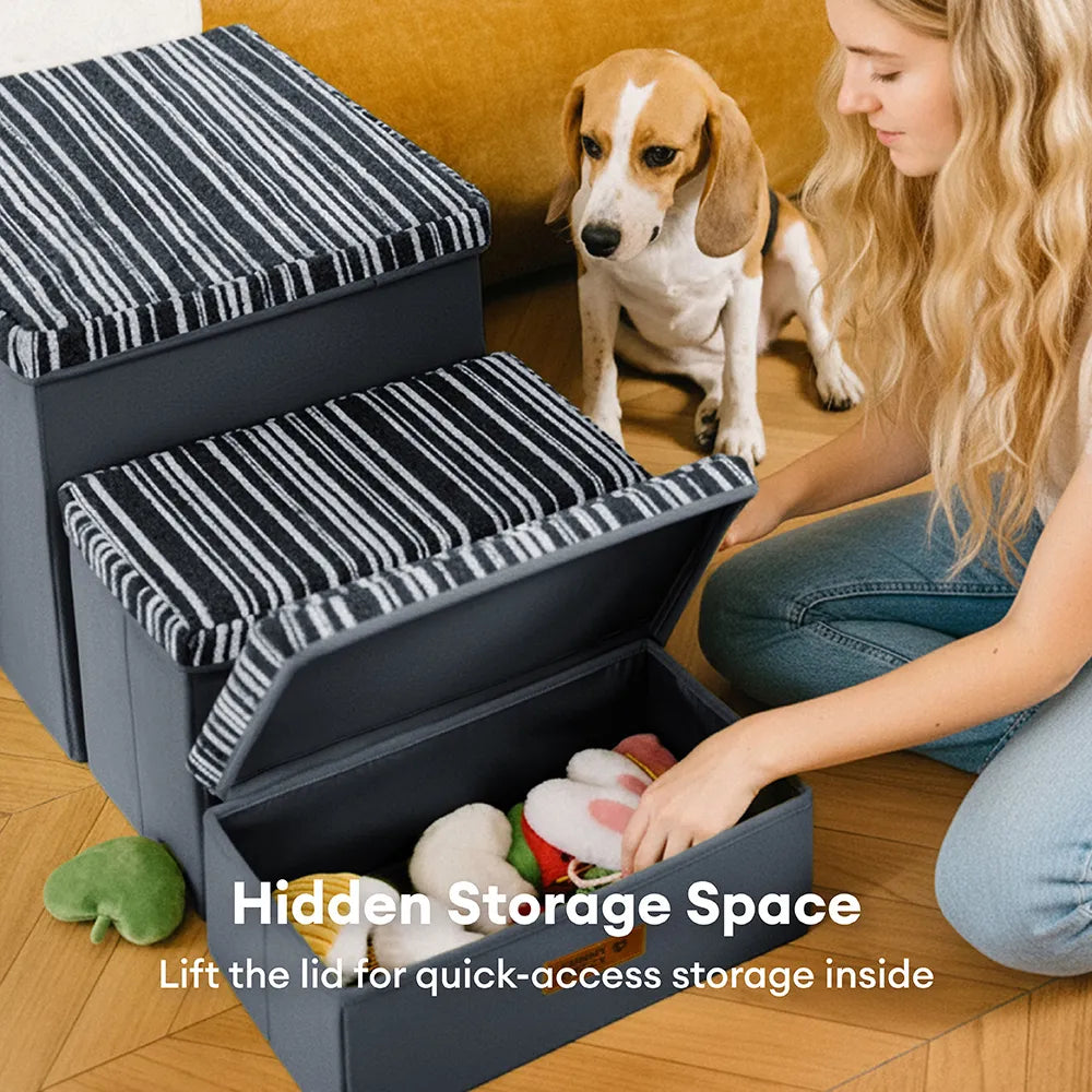SnugNest Textured Stripe Dog Stairs with Storage