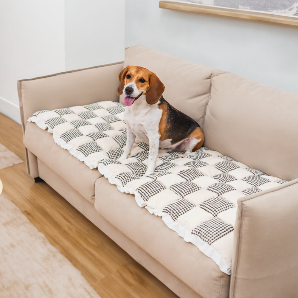 Karierte, farblich passende, große, rutschfeste Haustiermatte für die Couch