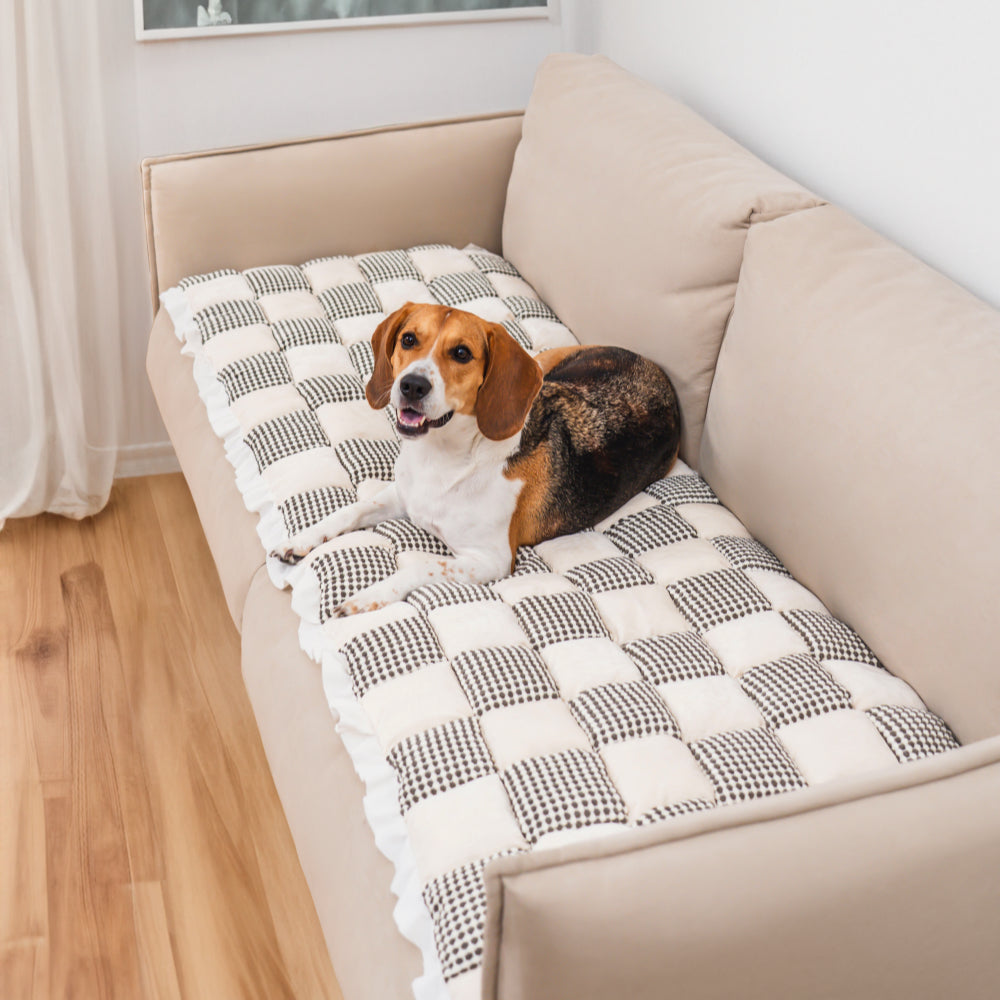Karierte, farblich passende, große, rutschfeste Haustiermatte für die Couch